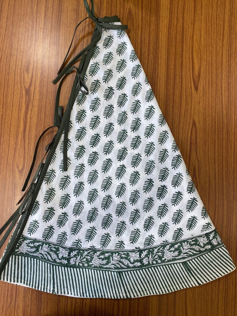 Fabricrush Juniper Green, White Indian Leaf Print Hand Block Printed Cotton Cloth Christmas Tree Skirt, Holiday Decor Home Farmhouse, Christmas Decor, Gift for her, gifts