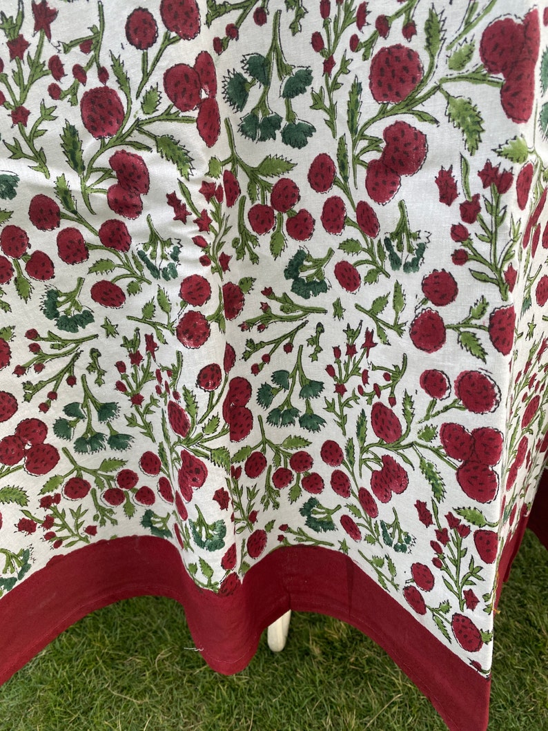 Fabricrush Garnet Red, Emerald and Moss Green Cherry Print Indian Hand Block Cotton Round Tablecloth, Wedding Party Farmhouse Home Events Restaurant, Gift for her, gifts, Valentine's day,  Easter, Spring