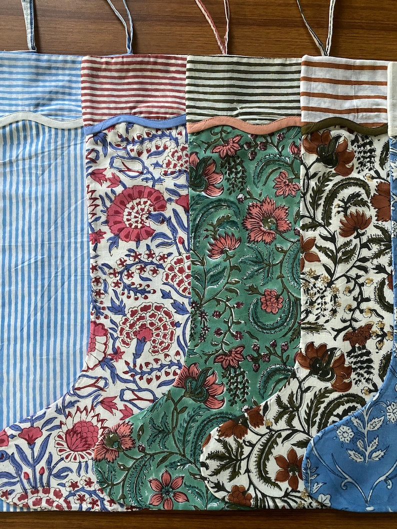Fabricrush Mix Bag of Indian Floral Hand Block Printed Cotton Cloth Christmas Stocking, Christmas Decor, Handmade Decor, BOHO, Gifts