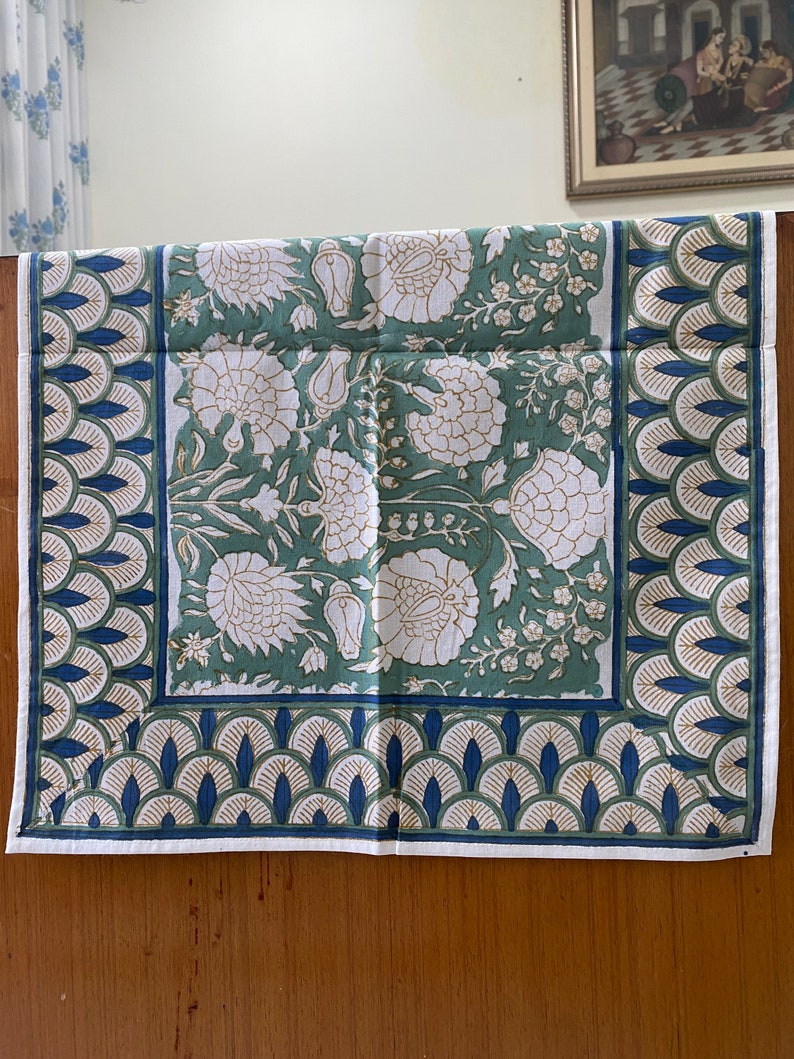 Fabricrush Turquoise Green, Old Moss Green, Blue on White Floral Printed Cotton Cloth Table Runners, Wedding Party Home Decor Events Restaurant Console