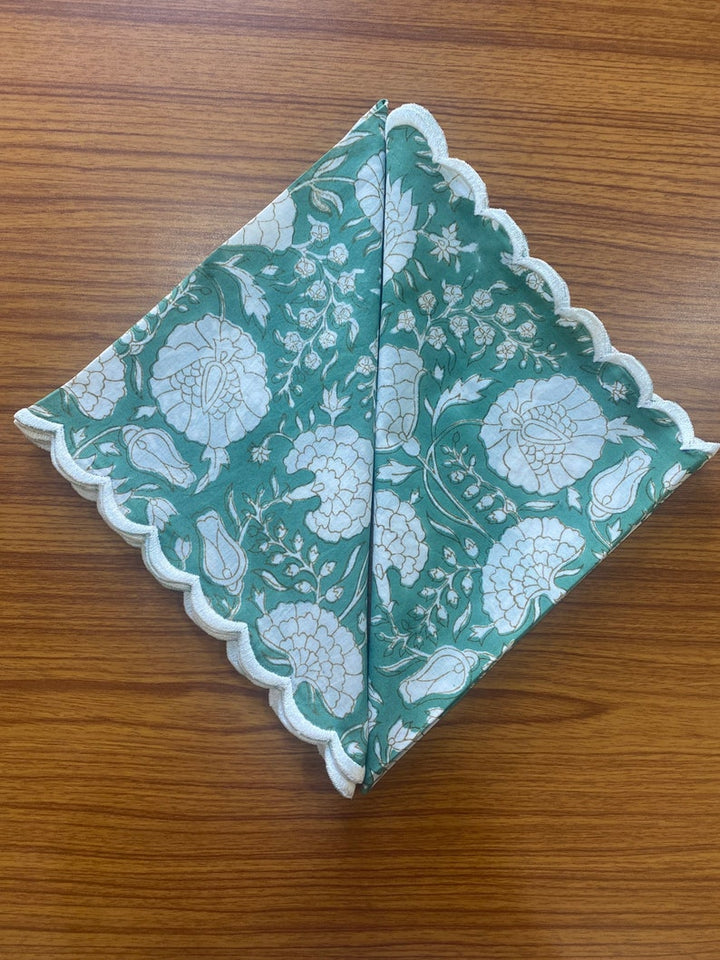 Fabricrush Turquoise Green, Old Moss Green, White Flower Design Indian Hand Block Printed Cotton Napkins, 18x18"-Cocktail Napkins, 20x20"- Dinner Napkins, Gift for her, gifts, Halloween, Christmas, Thanksgiving