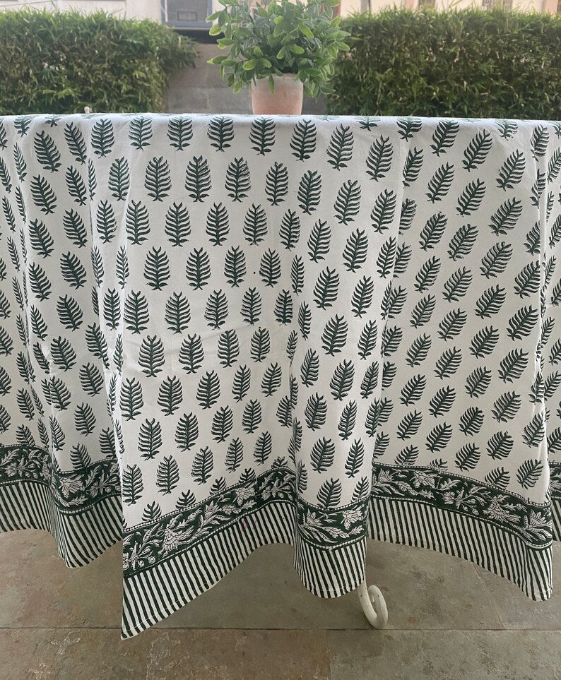 Fabricrush Juniper Green Indian Hand Block Leaf Printed Round Cotton Tablecloth, Table cover, Party Wedding Farmhouse Christmas Table Linen, Home Decor