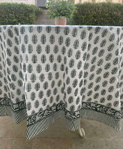Fabricrush Juniper Green Indian Hand Block Leaf Printed Round Cotton Tablecloth, Table cover, Party Wedding Table Linen, Home Decor