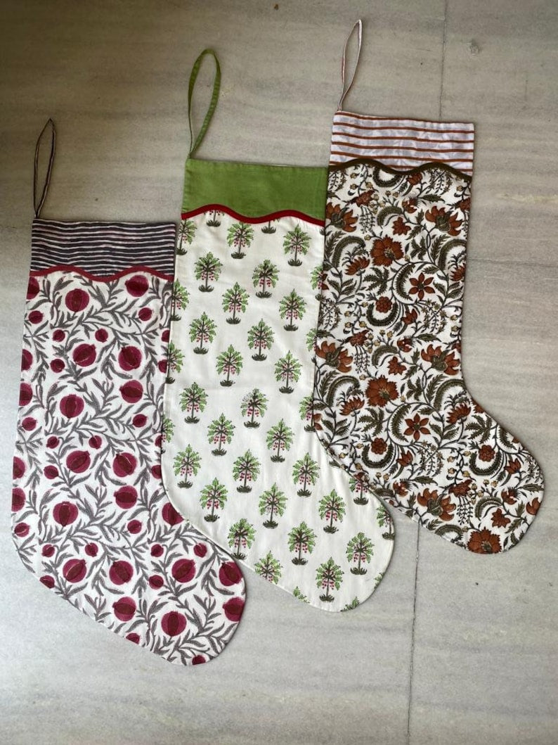 Fabricrush Mix Bag of Indian Floral Hand Block Printed Cotton Cloth Christmas Stocking, Christmas Decor, Handmade Decor,BOHO, Gifts