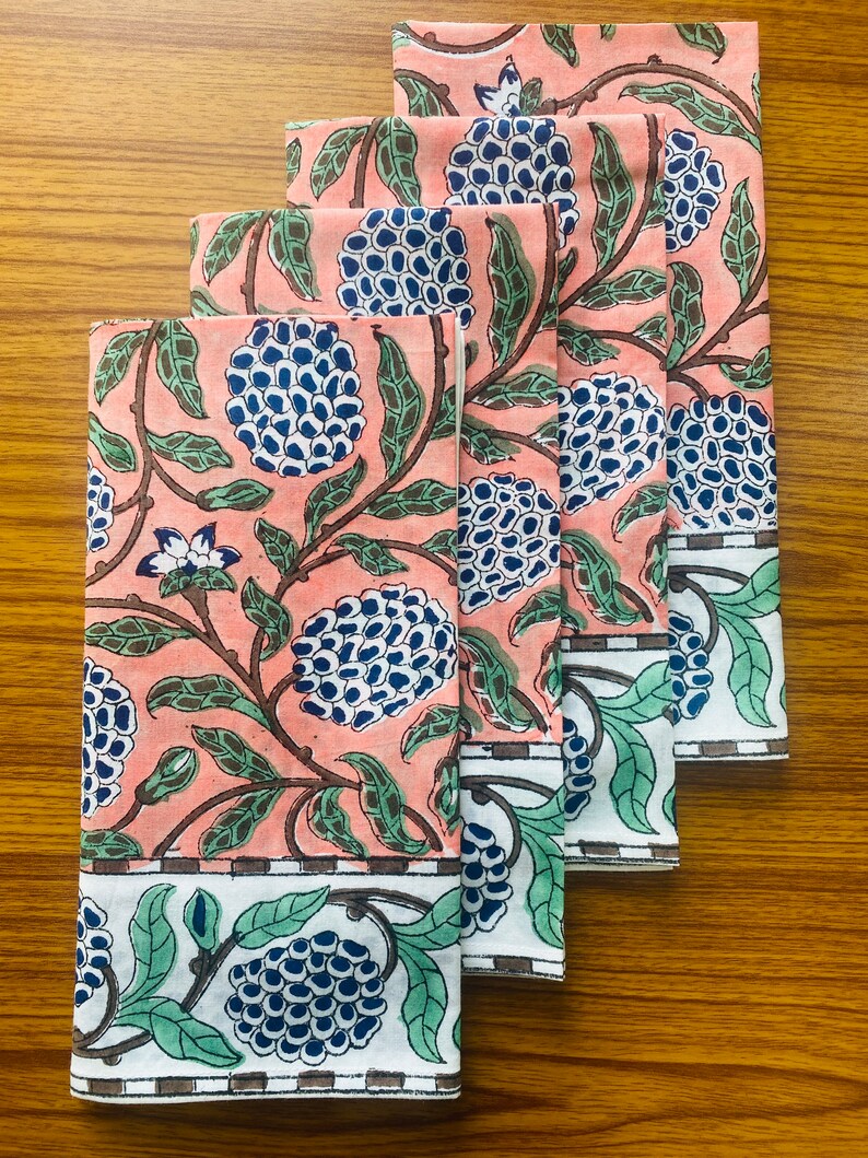 Dark Salmon Pink Floral Indian Hand Block Print Cotton Border Napkins Size 20x20