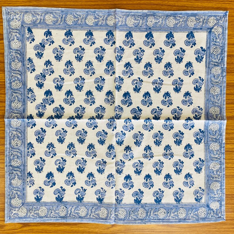 Fabricrush Blue Indian Floral Hand Block Printed Cotton Cloth Border Napkins, Wedding Decor Farmhouse Restaurant Events Party, Gift for her, gifts