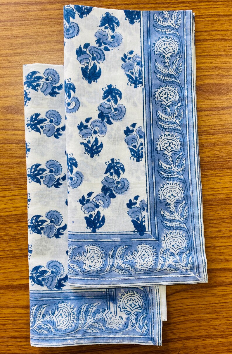 Fabricrush Blue Indian Floral Hand Block Printed Cotton Cloth Border Napkins, Wedding Decor Farmhouse Restaurant Events Party, Gift for her, gifts