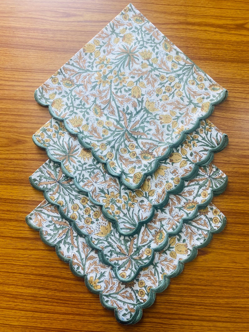 Fabricrush Fern Green, Peanut Brown Indian Hand Block Floral Printed Cotton Napkins, Wedding Home Event 18x18"- Cocktail 20x20"- Dinner, Gift for her, gifts, Halloween, Christmas, Thanksgiving