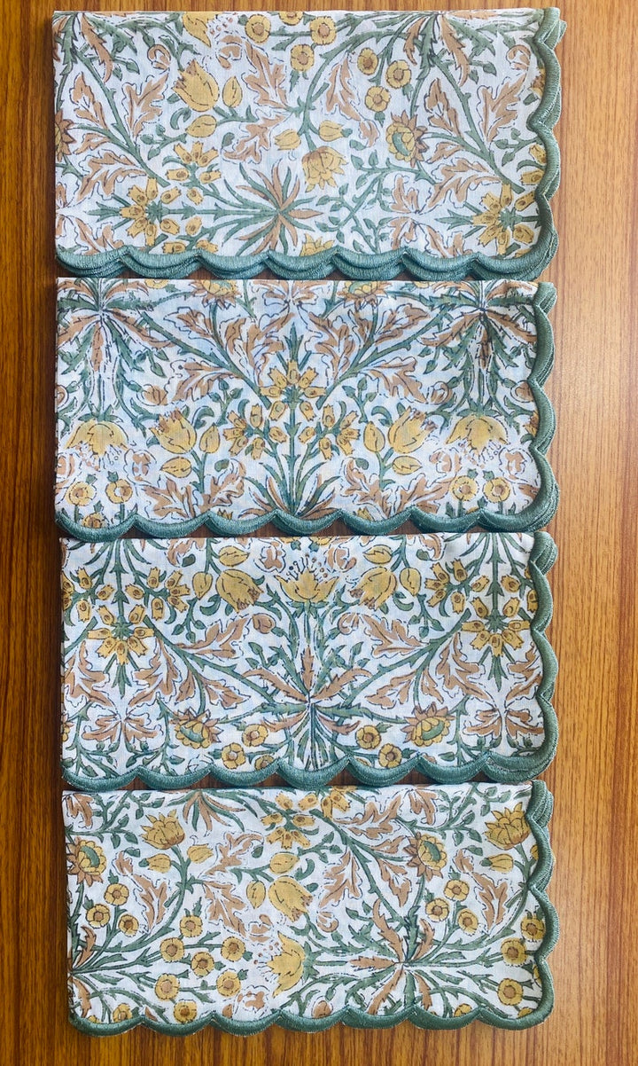 Fabricrush Fern Green, Peanut Brown Indian Hand Block Floral Printed Cotton Napkins, Wedding Home Event 18x18"- Cocktail 20x20"- Dinner, Gift for her, gifts, Halloween, Christmas, Thanksgiving