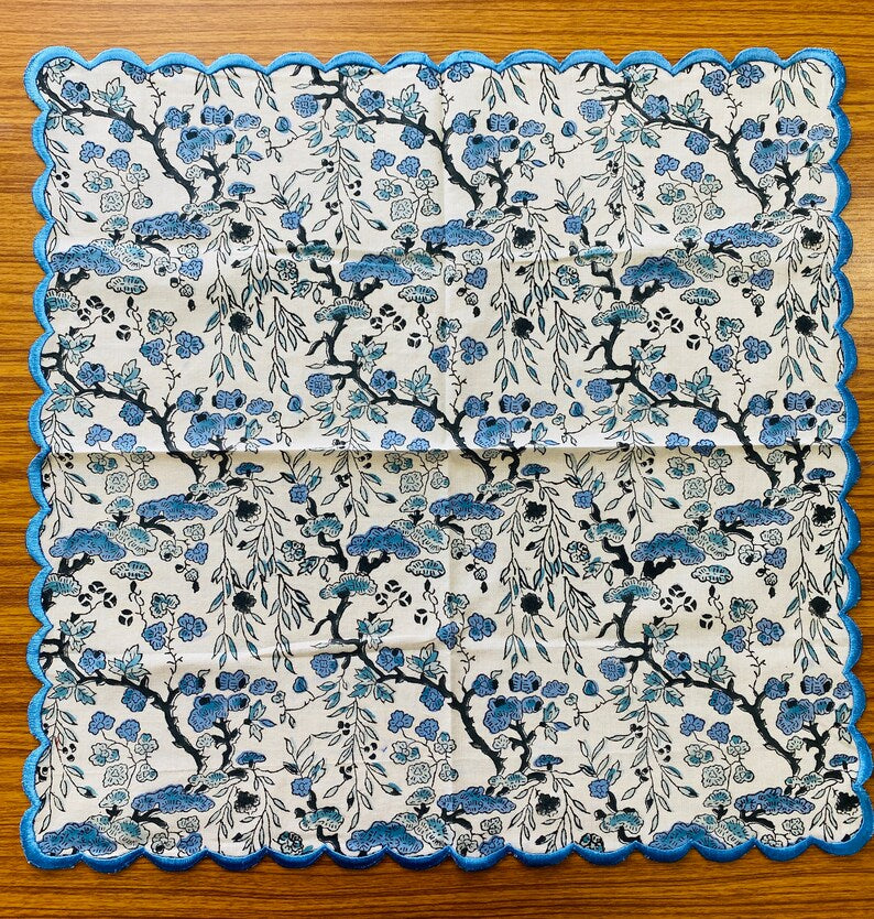 Spruce, Carolina and Powder Blue Indian Floral Hand Block Printed Pure Cotton Cloth Napkins, Wedding Home Event 9x9"- Cocktail 20x20"-Dinner