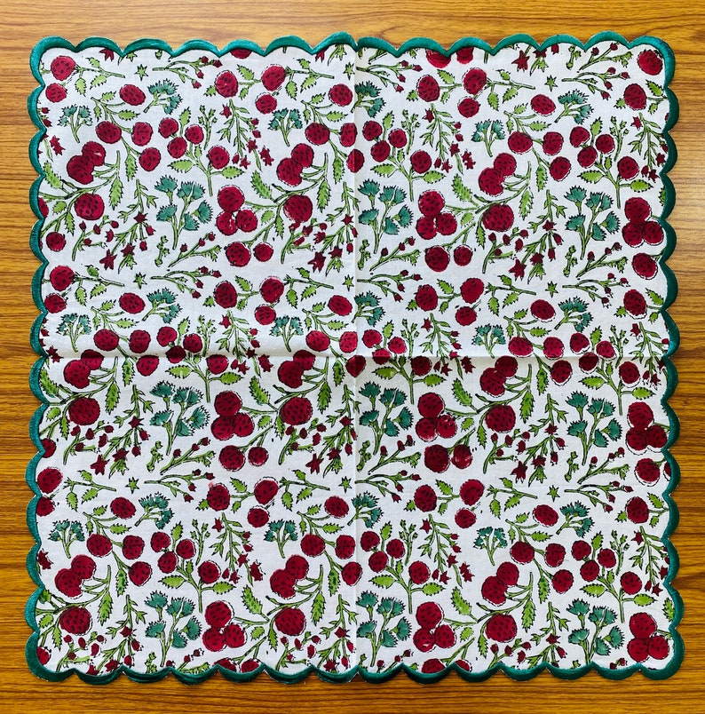 Garnet Red, Emerald and Olive Green, Indian Floral Hand Block Printed Cotton Cloth Napkins, 9x9"- Cocktail Napkins, 20x20"- Dinner Napkins