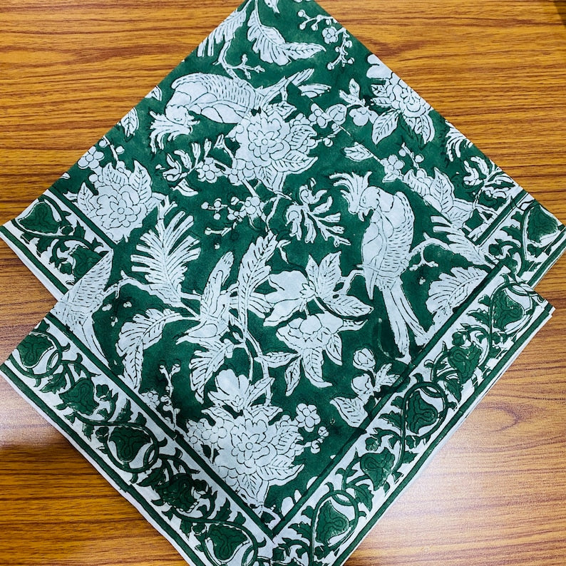 Fabricrush Rifle Green and White Indian Floral Indian Hand Block Print Pure Cotton Cloth Border Napkins Size 20x20" Wedding Farmhouse Home Party Housewarming