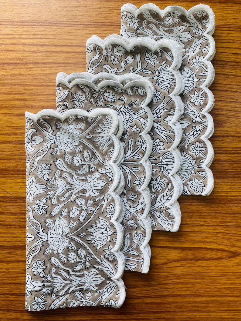 Fabricrush Taupe Colour Indian Floral Hand Block Printed Pure Cotton Cloth Embroidery Napkins, Wedding Housewarming Party 18x18"- Cocktail 20x20"- Dinner