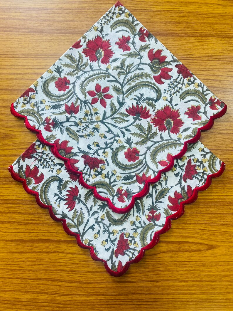 Prune Red, Army Green Scallop Embroidery Napkins