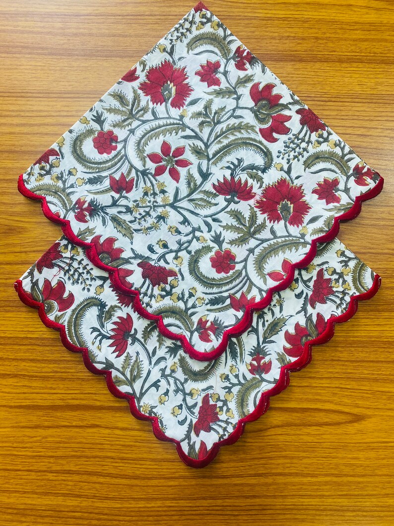 Prune Red, Army Green Indian Floral Hand Block Printed Pure Cotton Cloth Napkins, Wedding Home Party Outdoor, 9x9"-Cocktail 20x20"- Dinner