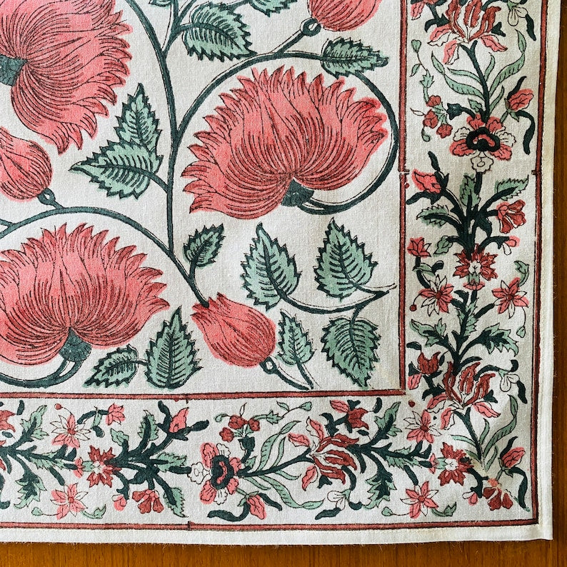 Coral and Turquoise Green Indian Hand Block Floral Printed 100% Pure Cotton Cloth Table Runner, Farmhouse Wedding Home Bar Table Home Decor