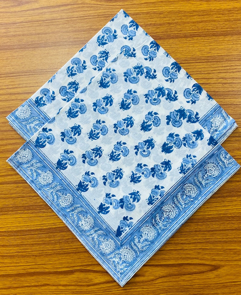 Blue Indian Floral Hand Block Printed Cotton Cloth Border Napkins Size - 20