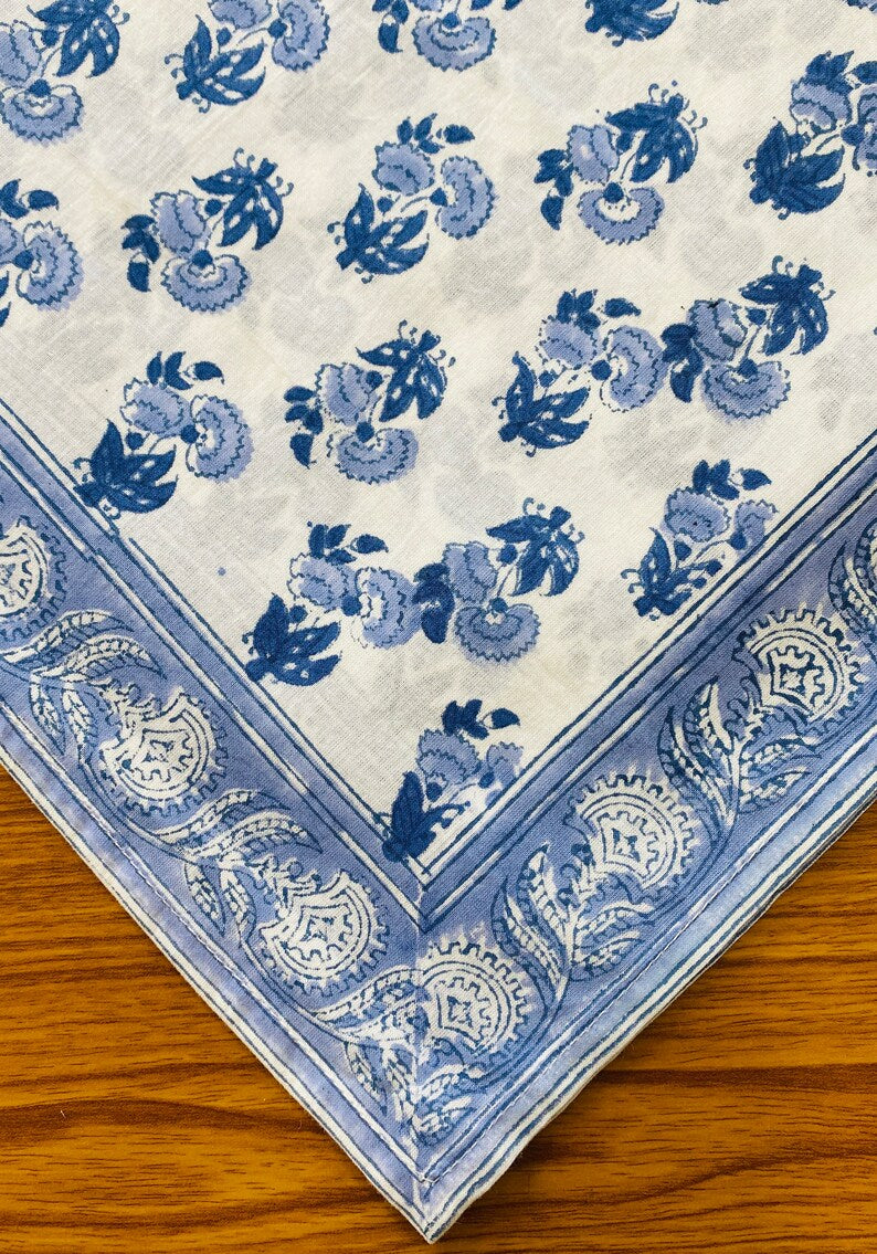 Fabricrush Blue Indian Floral Hand Block Printed Cotton Cloth Border Napkins, Wedding Decor Farmhouse Restaurant Events Party, Gift for her, gifts