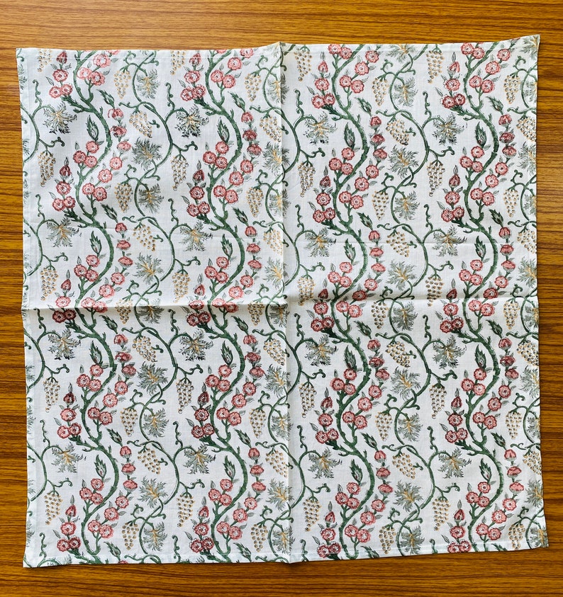 Fabricrush Coral Pink, Hunter Green Indian Floral Hand Block Print Cotton Cloth Napkins, Wedding Home Events Party Gifts, 18x18"- Cocktail 20x20"- Dinner
