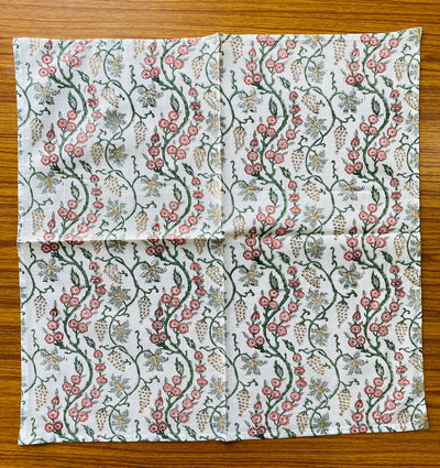 Coral Pink, Hunter Green Indian Floral Hand Block Print Cotton Cloth Napkins, Wedding Home Events Party Gifts, 9x9"- Cocktail 20x20"- Dinner