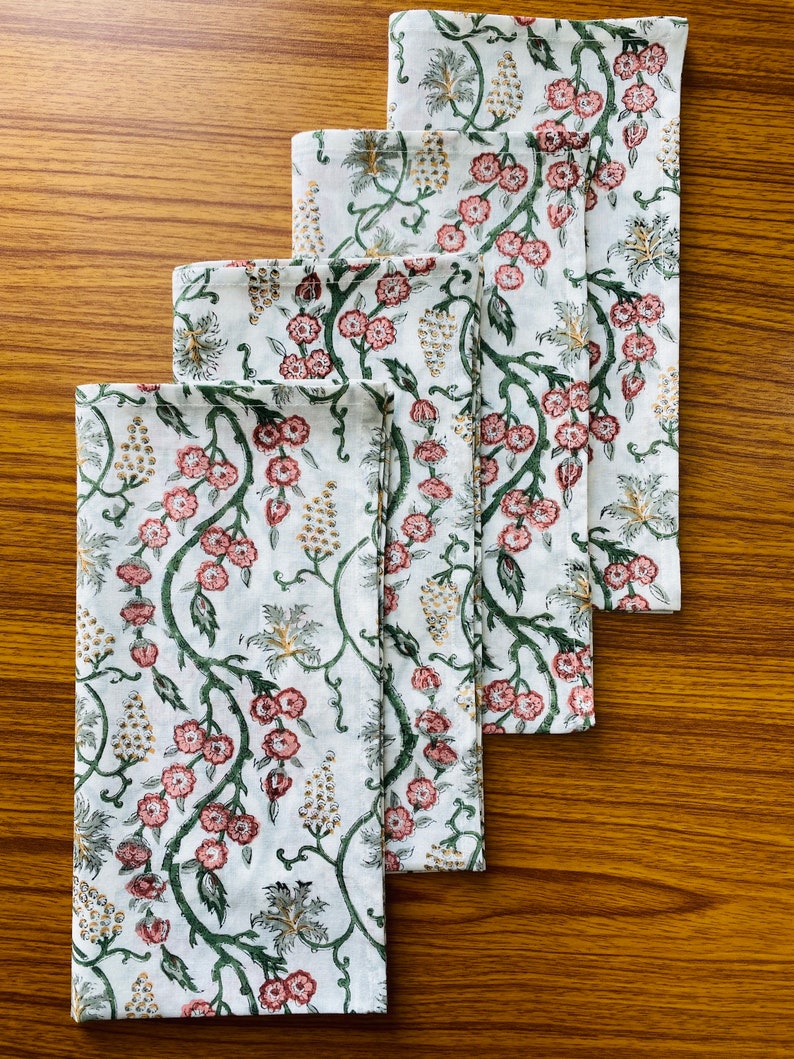 Coral Pink, Hunter Green Indian Floral Hand Block Print Cotton Cloth Napkins, Wedding Home Events Party Gifts, 9x9"- Cocktail 20x20"- Dinner