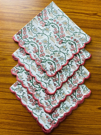 Coral Pink, Hunter Green Floral Design Indian Hand Block Printed Cotton Napkins Wedding Events Home Decor Gift 9x9"- Cocktail 20x20"- Dinner