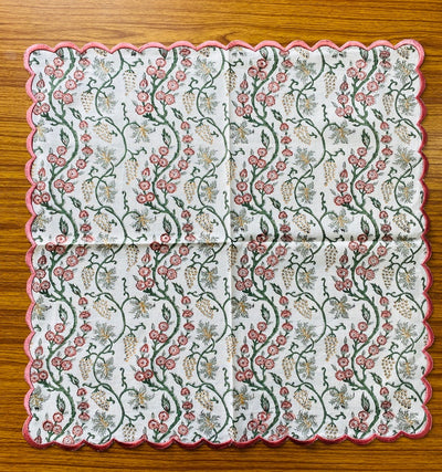 Coral Pink, Hunter Green Floral Design Indian Hand Block Printed Cotton Napkins Wedding Events Home Decor Gift 9x9"- Cocktail 20x20"- Dinner