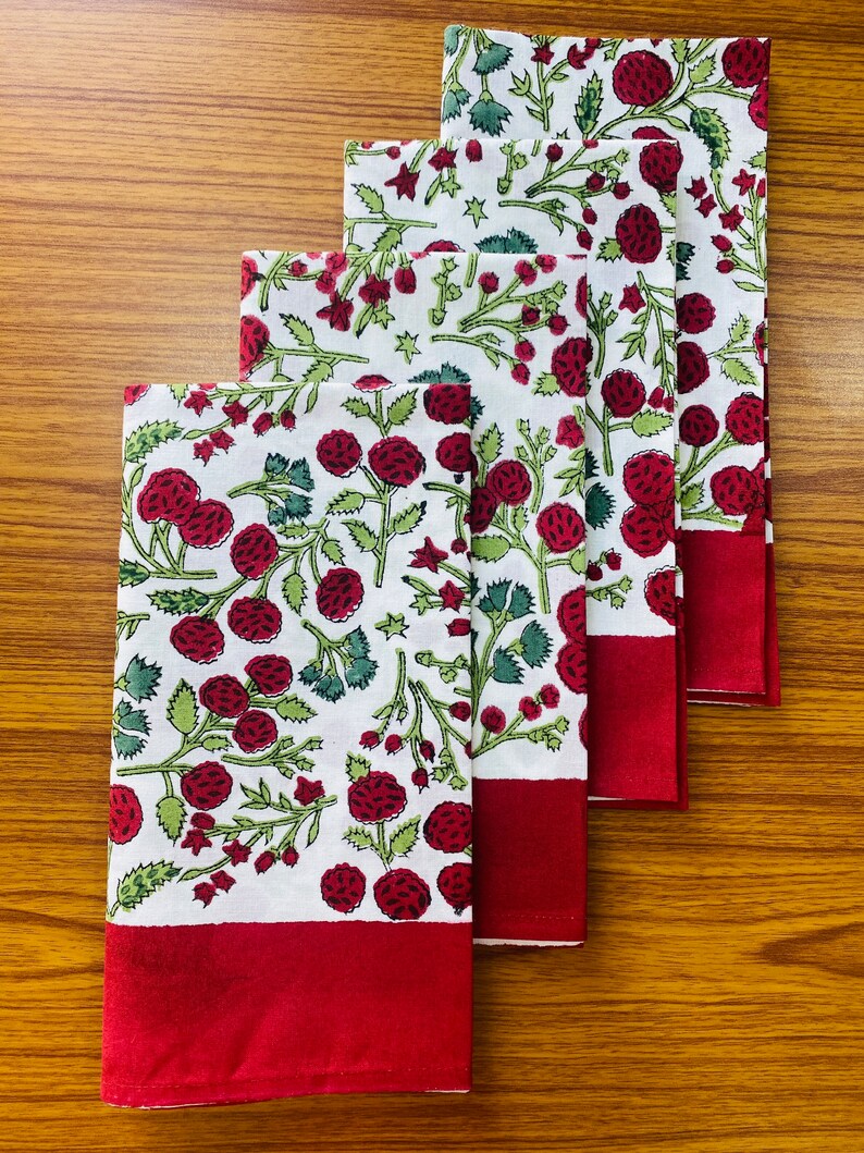 Garnet Red, Emerald Green Indian Floral Hand Block Printed Cotton Cloth Border Napkins Size 20x20