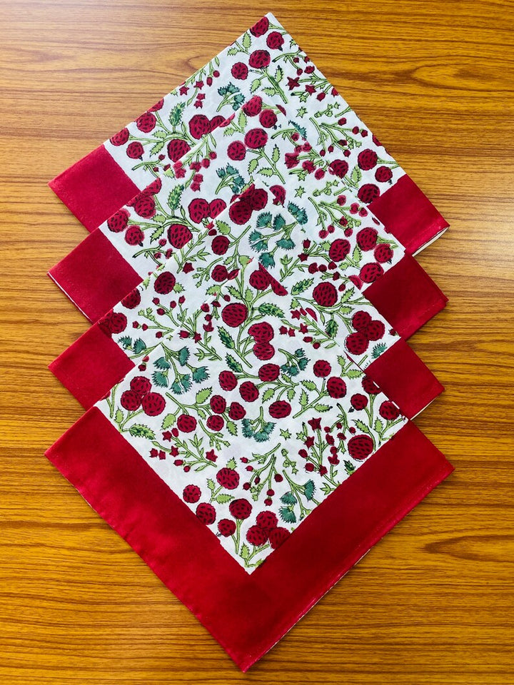 Fabricrush Garnet Red, Emerald Green Indian Floral Hand Block Printed Cotton Cloth Border Napkins Size 20x20" Wedding Events Home Housewarming Restaurant, Gift for her, gifts