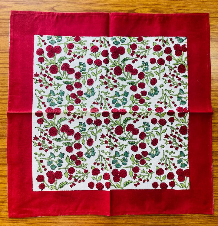 Fabricrush Garnet Red, Emerald Green Indian Floral Hand Block Printed Cotton Cloth Border Napkins Size 20x20" Wedding Events Home Housewarming Restaurant, Gift for her, gifts