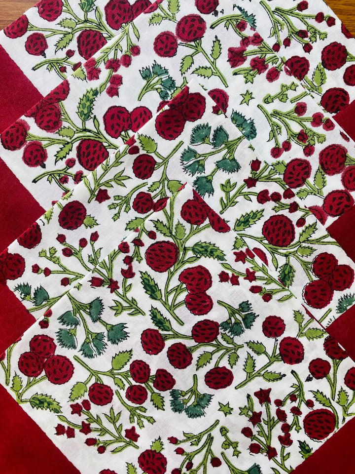 Fabricrush Garnet Red, Emerald Green Indian Floral Hand Block Printed Cotton Cloth Border Napkins Size 20x20" Wedding Events Home Housewarming Restaurant, Gift for her, gifts