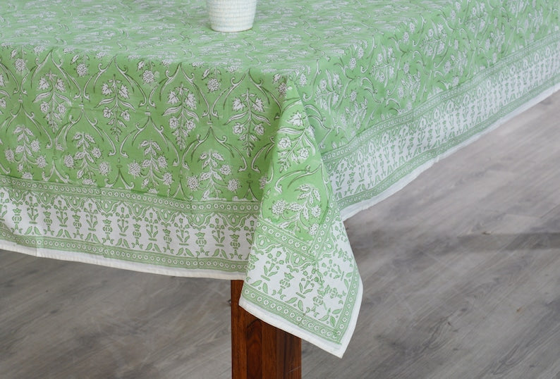 Fabricrush Pear Green and White Floral Indian Hand Block Printed Tablecloth Table Cover