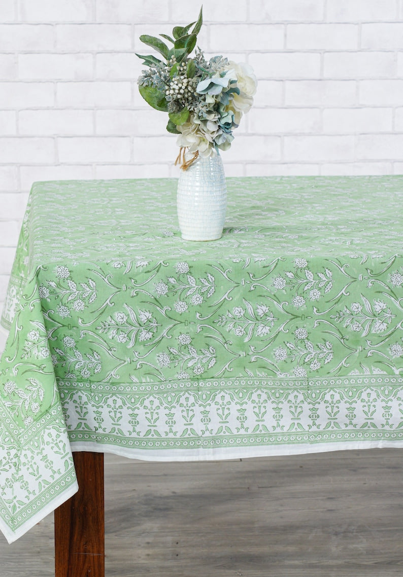 Fabricrush Pear Green and White Floral Indian Hand Block Printed Tablecloth Table Cover