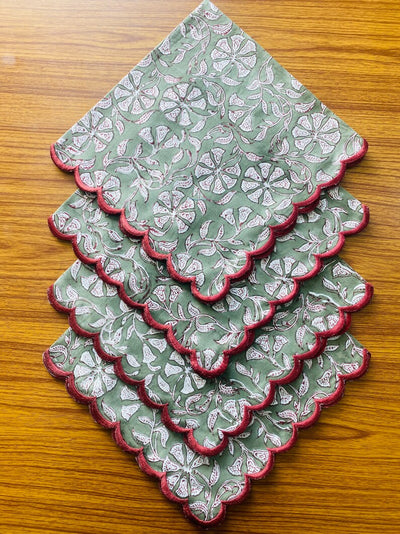 Artichoke Green and White Indian Floral Hand Block Printed Emb Pure Cotton Cloth Napkins Wedding Events Party, 9x9"- Cocktail 20x20"- Dinner