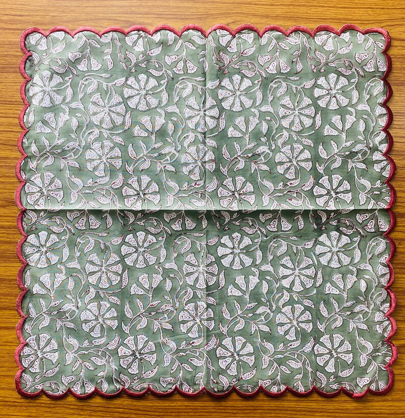 Fabricrush Artichoke Green and White Indian Floral Hand Block Printed Emb Pure Cotton Cloth Napkins Wedding Events Party, 18x18"- Cocktail 20x20"- Dinner
