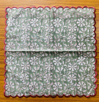 Artichoke Green and White Indian Floral Hand Block Printed Emb Pure Cotton Cloth Napkins Wedding Events Party, 9x9"- Cocktail 20x20"- Dinner
