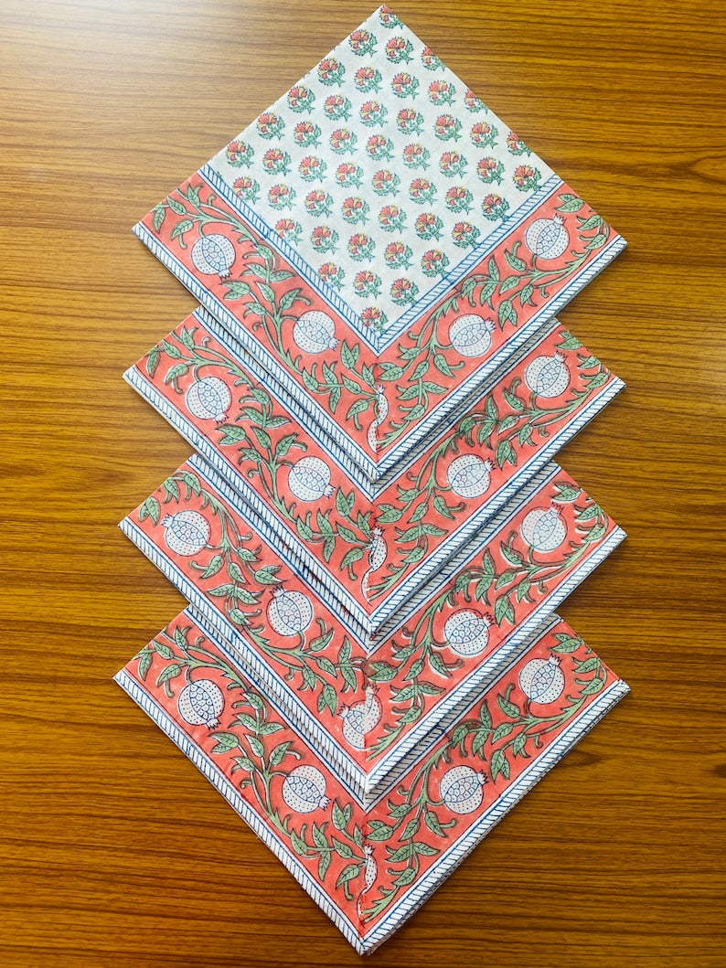 Orange and Green Indian Floral Hand Block Printed Cotton Border Napkins Size 20x20