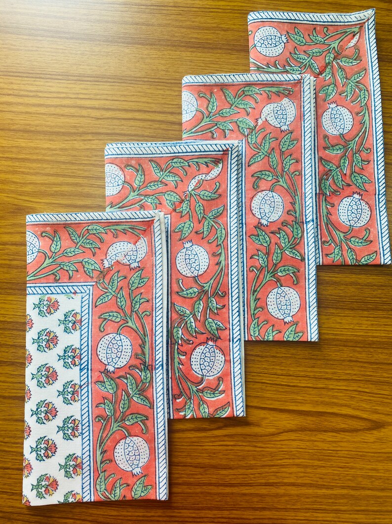 Fabricrush Orange and Green Indian Floral Hand Block Printed Cotton Cloth Border Napkins Size 20x20" Wedding Events Home Party Housewarming Mother's Gift