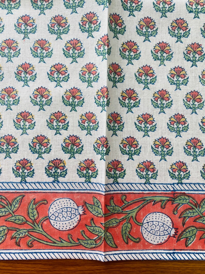 Orange and Green Indian Floral Hand Block Printed Cotton Cloth Napkins Size 20x20" Wedding Events Home Party Housewarming Restaurant Gift