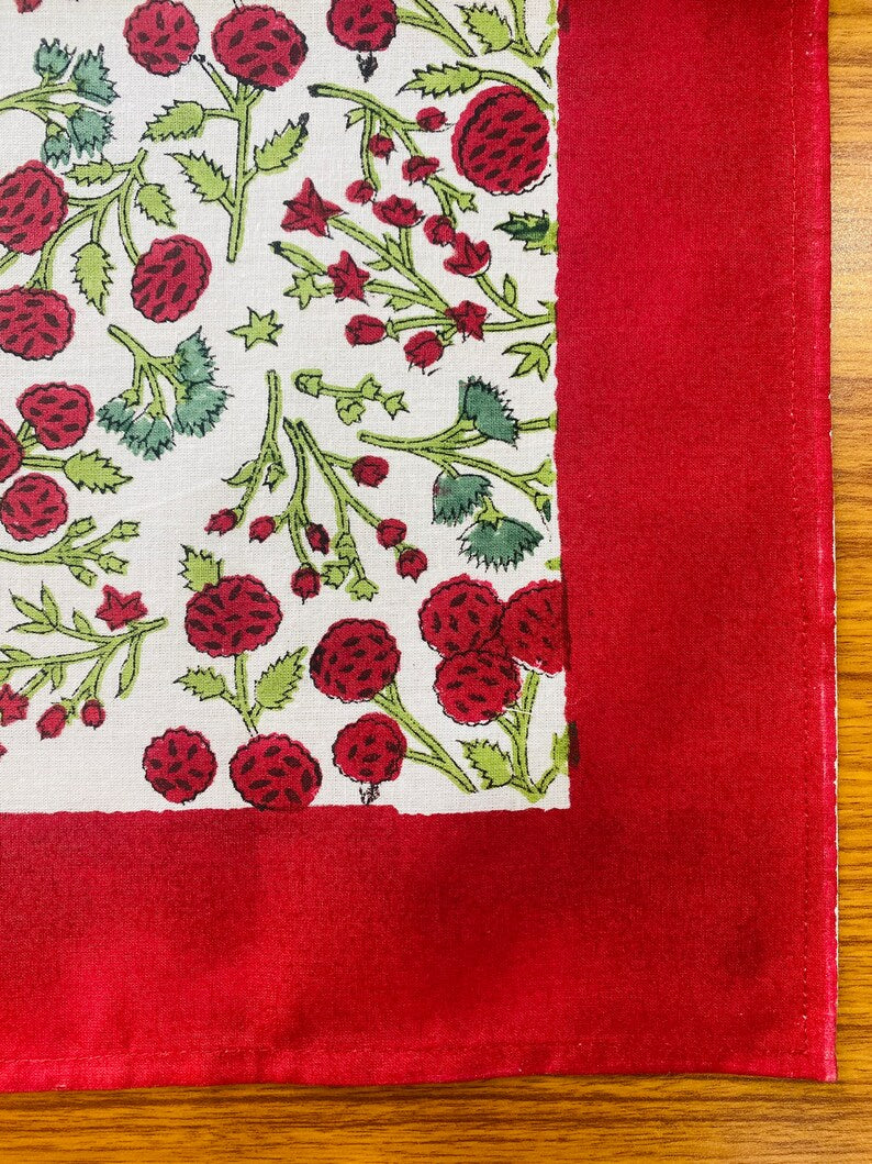 Fabricrush Garnet Red, Emerald Green Indian Floral Hand Block Printed Cotton Cloth Border Napkins Size 20x20" Wedding Events Home Housewarming Restaurant, Gift for her, gifts