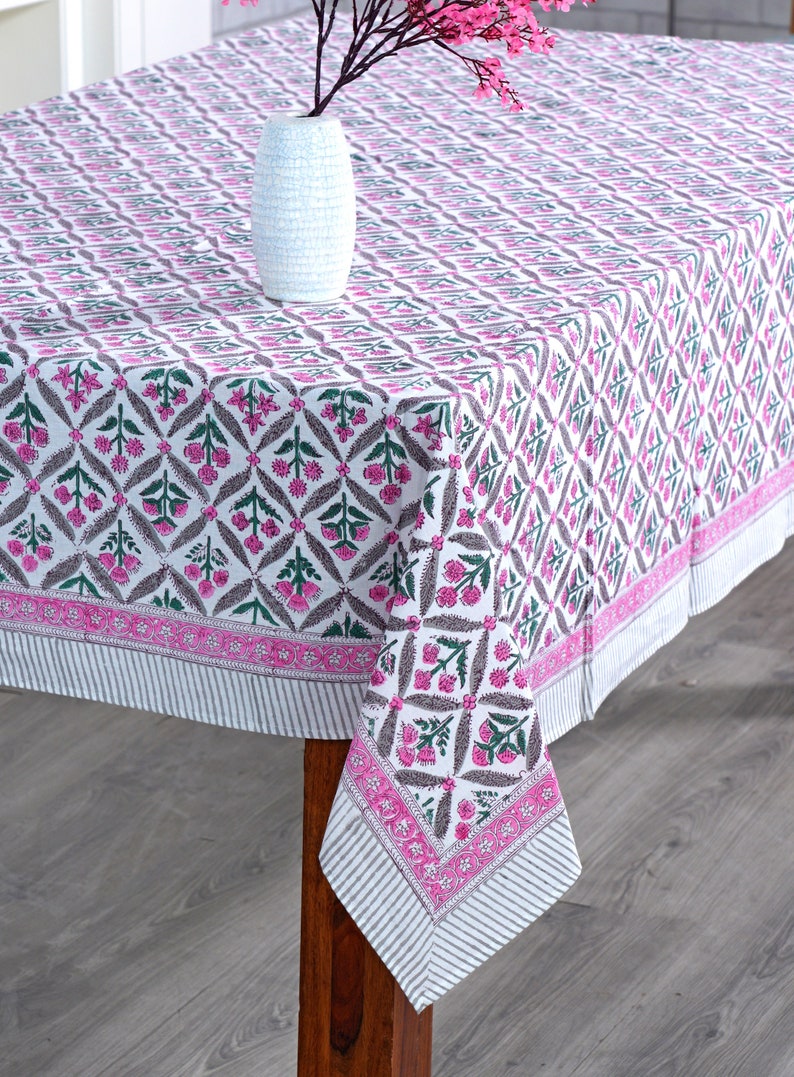 Fabricrush Watermelon Pink, Artichoke and Seaweed Green Indian Hand Block Floral Printed Tablecloth Table Cover Table Linen, Wedding Farmhouse Party