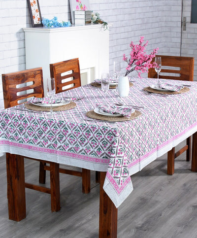 Fabricrush Watermelon Pink, Artichoke and Seaweed Green Indian Hand Block Floral Printed Tablecloth Table Cover Table Linen, Wedding Farmhouse Party