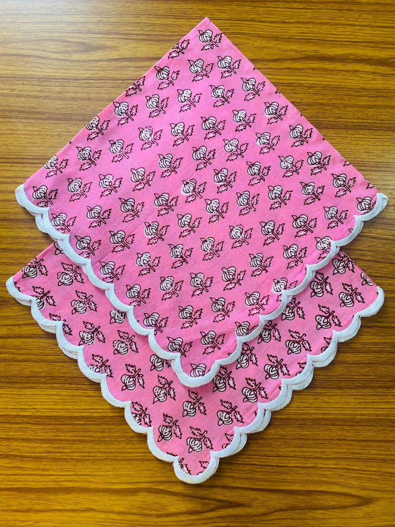Fabricrush Watermelon Pink, Current Red Indian Floral Hand Printed Cotton Cloth Napkins, Wedding Events Home Outdoor Gift 18X18"- Cocktail 20X20"- Dinner