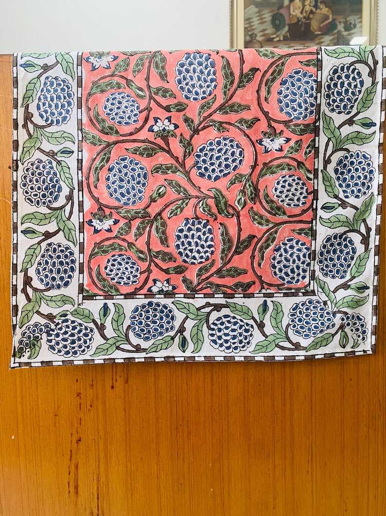 Fabricrush Dark Salmon Pink, Sage Green, Delft Blue Indian Hand Block Floral Printed Cotton Cloth Table Runners, Wedding Events Home Party Decor, Gift for her