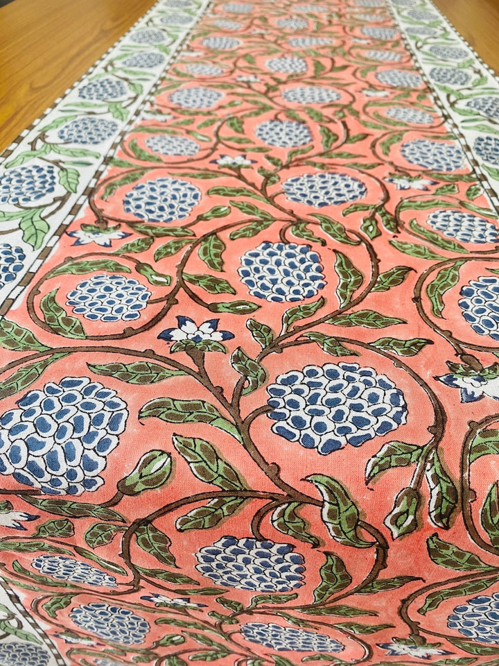 Fabricrush Dark Salmon Pink, Sage Green, Delft Blue Indian Hand Block Floral Printed Cotton Cloth Table Runners, Wedding Events Home Party Decor, Gift for her