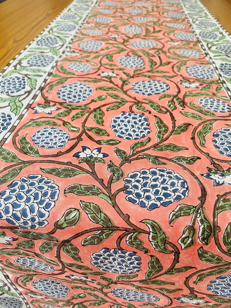 Fabricrush Dark Salmon Pink, Sage Green, Delft Blue Indian Hand Block Floral Printed Cotton Cloth Table Runners, Wedding Events Home Party Decor Gifts