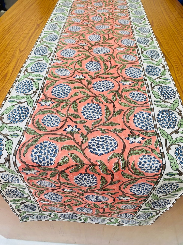 Fabricrush Dark Salmon Pink, Sage Green, Delft Blue Indian Hand Block Floral Printed Cotton Cloth Table Runners, Wedding Events Home Party Decor, Gift for her