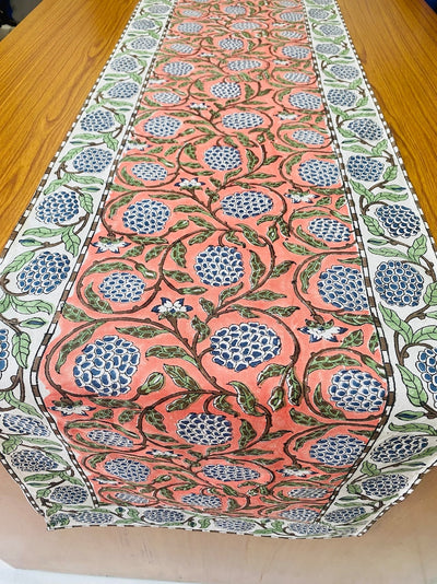 Dark Salmon Pink, Sage Green, Delft Blue Indian Hand Block Floral Printed Cotton Cloth Table Runners, Wedding Events Home Party Decor Gifts