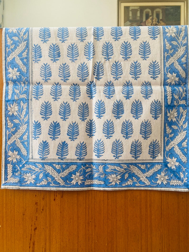 Fabricrush Cerulean Blue and Off White Indian Leaves Printed 100% Pure Cotton Cloth Table Runners Wedding Events, Home Decor, Party Console Birthday, Gift for her