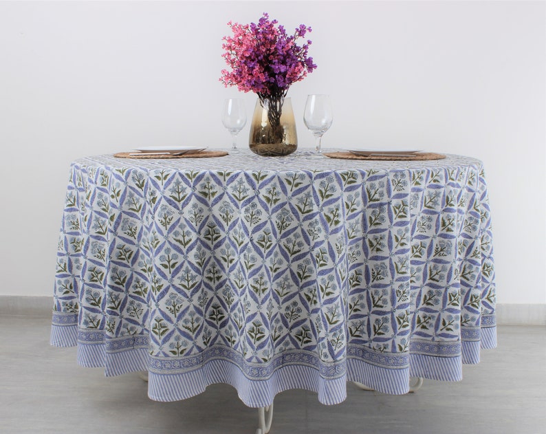 Fabricrush Light Steel Blue, Olive Green Indian Hand Block Floral Printed Pure Cotton Cloth Round Tablecloth, Farmhouse Wedding Party Outdoor, Gift for her, gifts, Valentine's day,  Easter, Spring